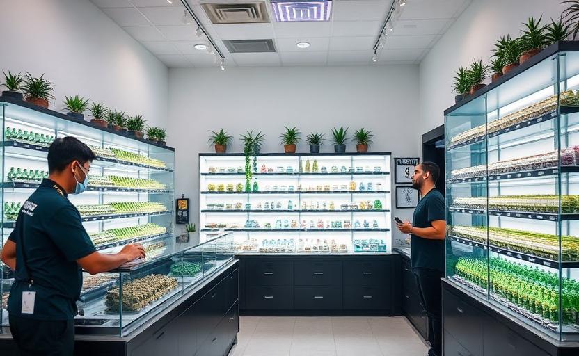 Cannabis dispensary and marihuana dispensary business interior with professional retail environment