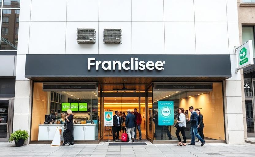 Established franchise business storefront with professional branding and customer activity