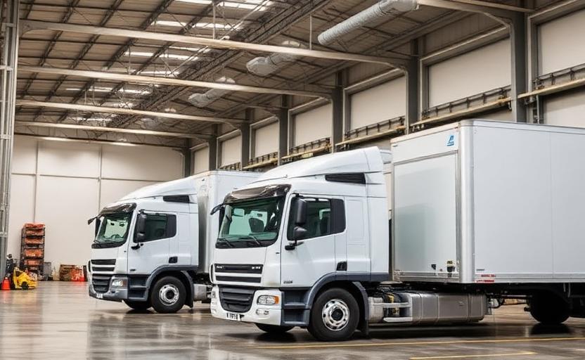 Transportation logistics business with modern delivery trucks and warehouse operations